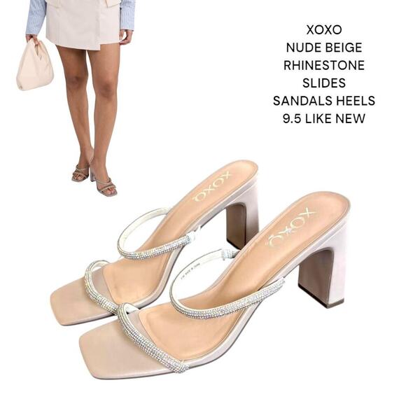 XOXO TAN NUDE RHINESTONE SLIP ON SLIDES‎ HEELS SANDALS SIZE 9.5 euc - Picture 1 of 8